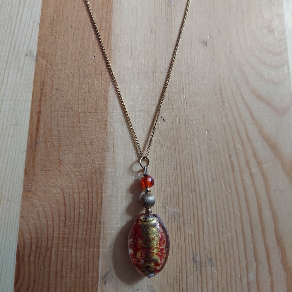 Authentic Murano Glass Red/Gold Pendant 14K Plated/Sterling Silver